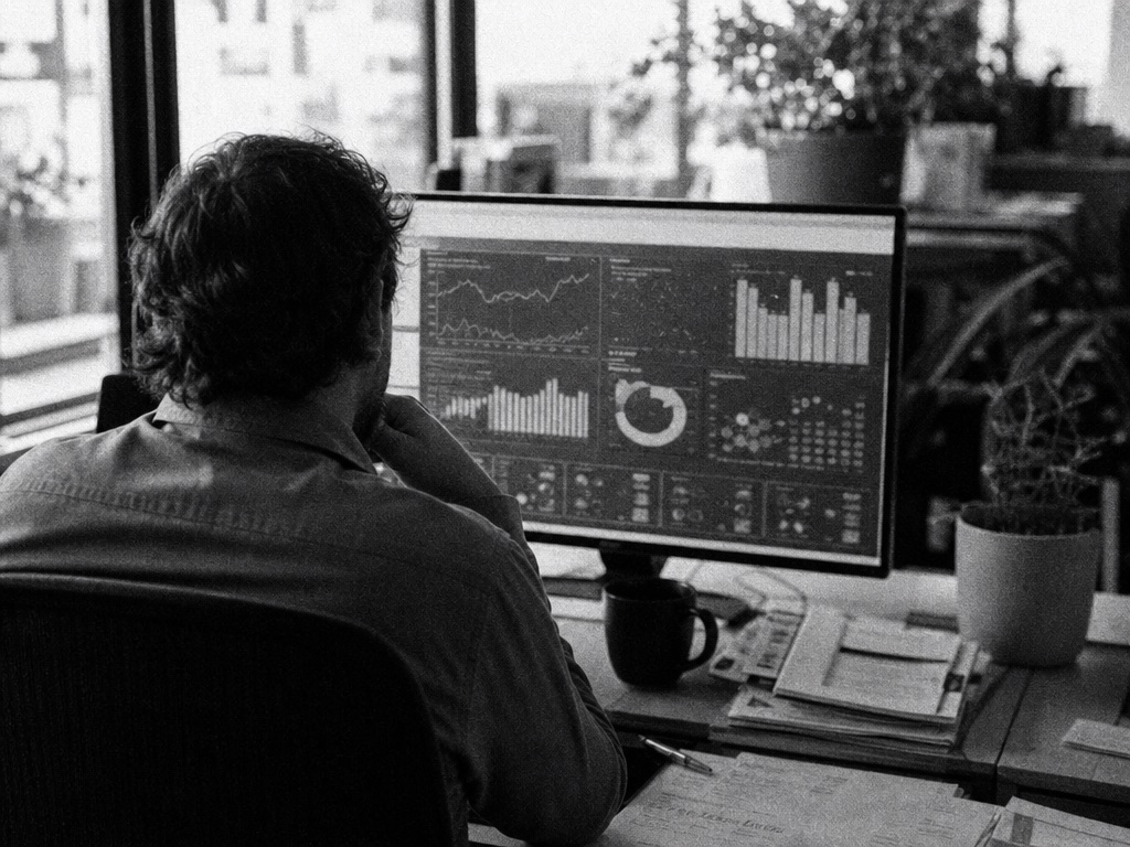 Persona monitoreando un tablero de operaciones con datos, blanco y negro.