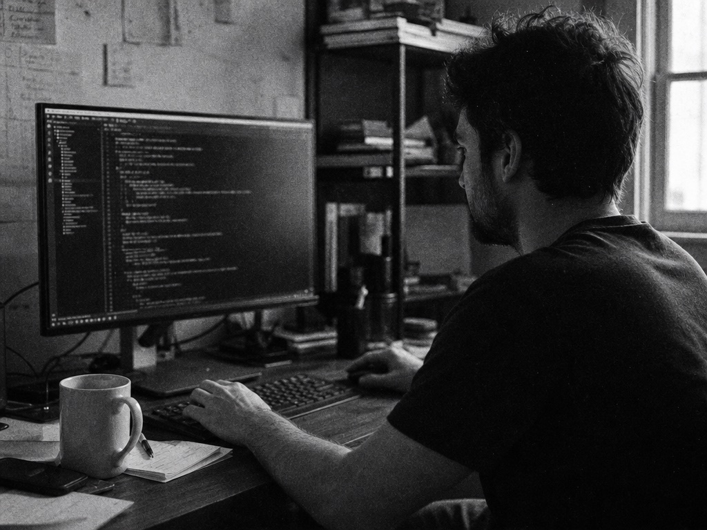 Persona programando frente a un monitor con código, blanco y negro.